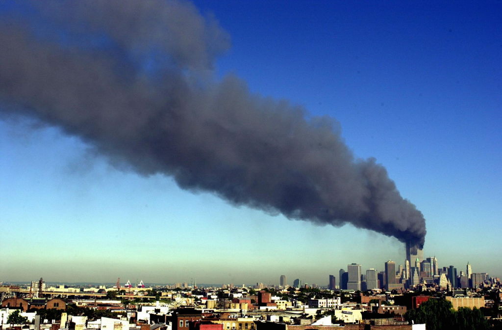 View of burning World Trade Center from Brooklyn