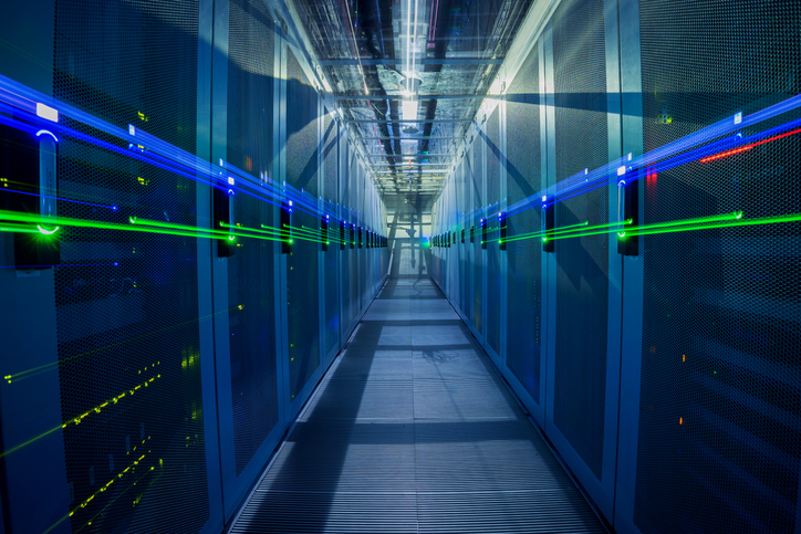 Futuristic Data Center Corridor with Glowing Server Lights
