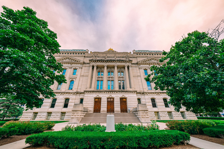Southern entrance to the Indiana State Capitol building in Indianapolis, Indiana