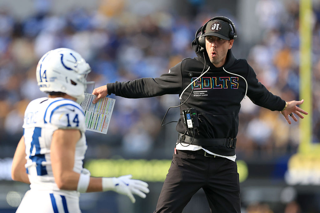 Colts Head Coach Shane Steichen Celebrates with Alec Pierce