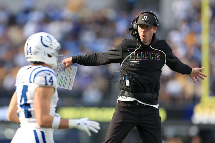 Colts Head Coach Shane Steichen Celebrates with Alec Pierce
