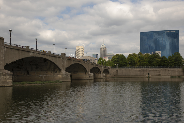 White River Bridge with Downtown Skyline - Indianapolis, Indiana, USA.