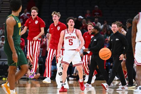 Indiana's Conor Enright Reacts After a play goes the Hoosiers way