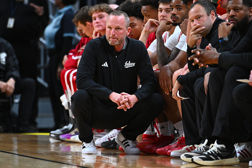 Indiana's Head Men's Basketball Coach Darian DeVries Observes the Game from the Sideline