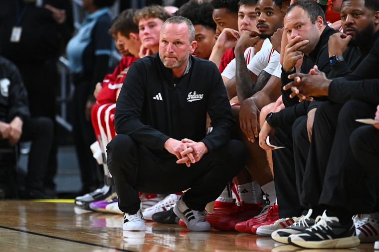 Indiana's Head Men's Basketball Coach Darian DeVries Observes the Game from the Sideline