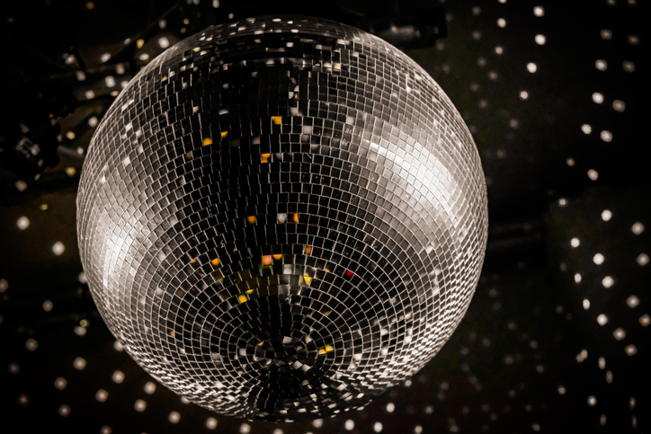 Night lights disco ball close-up.