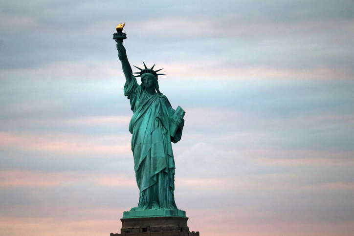 Amazing view of Statue of Liberty during Sunset/New York city skyline/United States