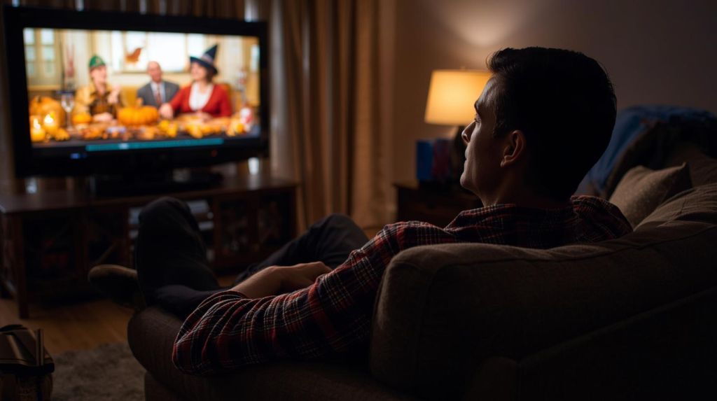 family watching thanksgiving movies from a couch in their living room