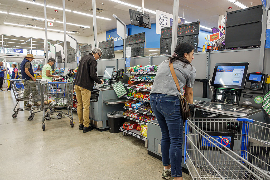 Miami Doral Florida, Walmart Supercenter, self checkout area, customers scanning groceries