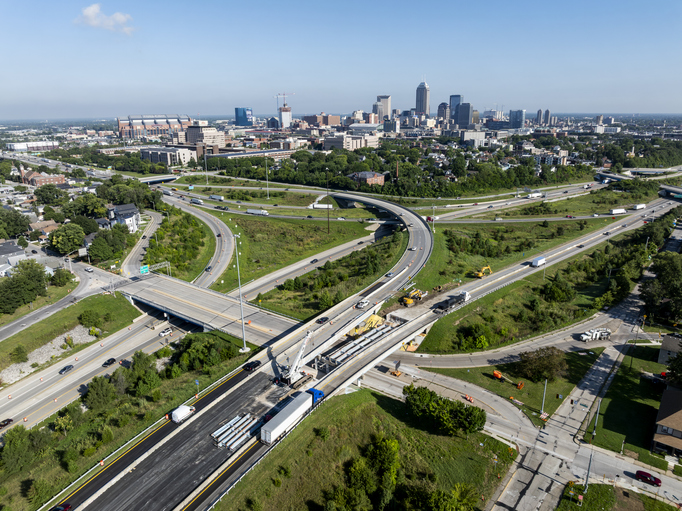 Early morning aerial of Interstate 65 and 70 Interchange - Flyover Ramps - Downtown Indianapolis, Indiana