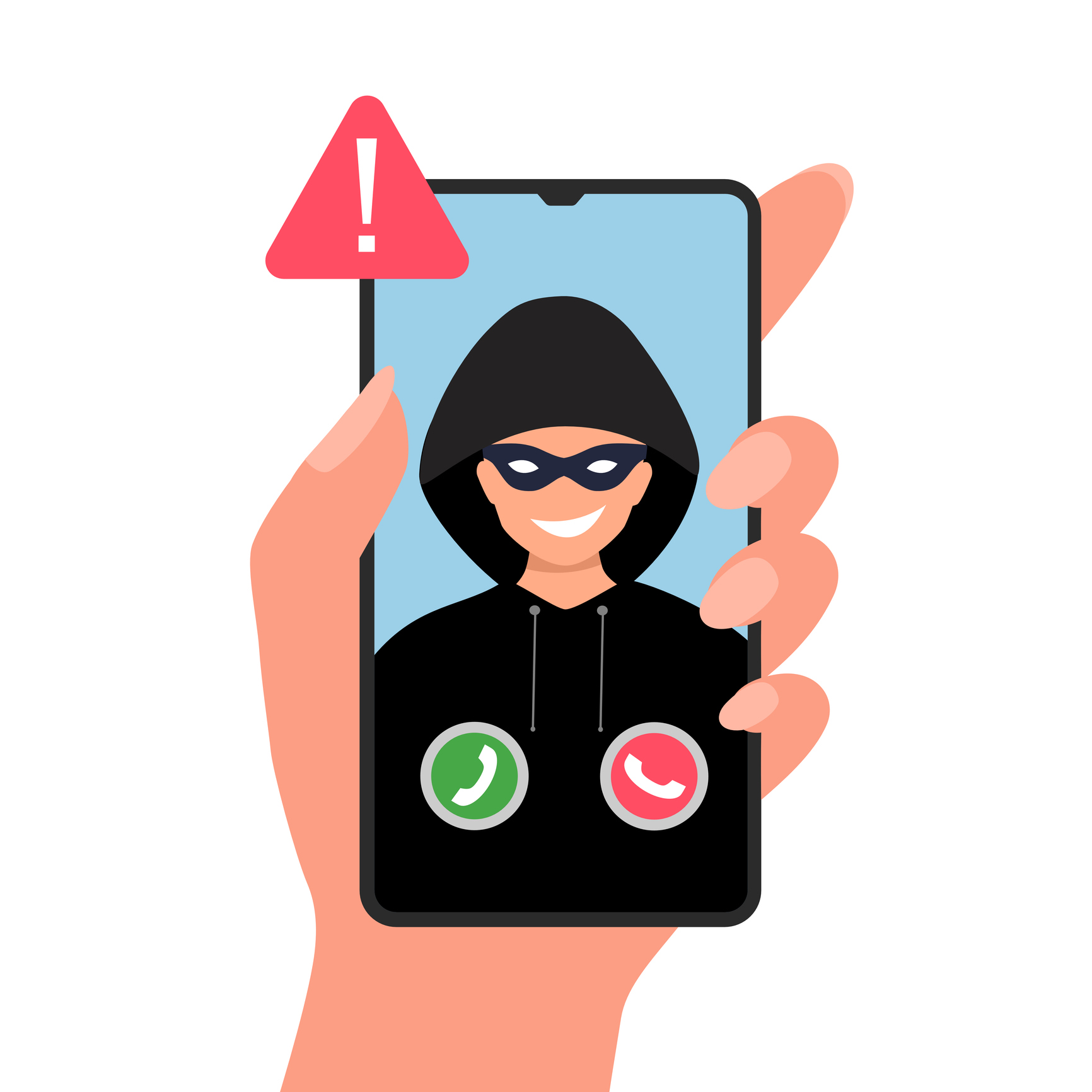 Female hand holding smartphone call from unknown suspect number. Scammer phishing on a mobile phone vector illustration flat design.