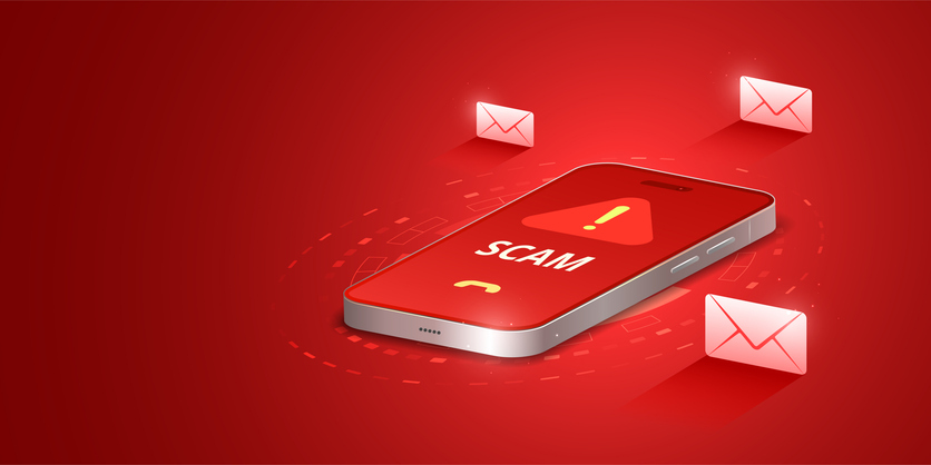 Digital Scam Warning on Mobile Phone Screen Vector - Cyber Security Alert Interface with Red Neon Glow Technology Background