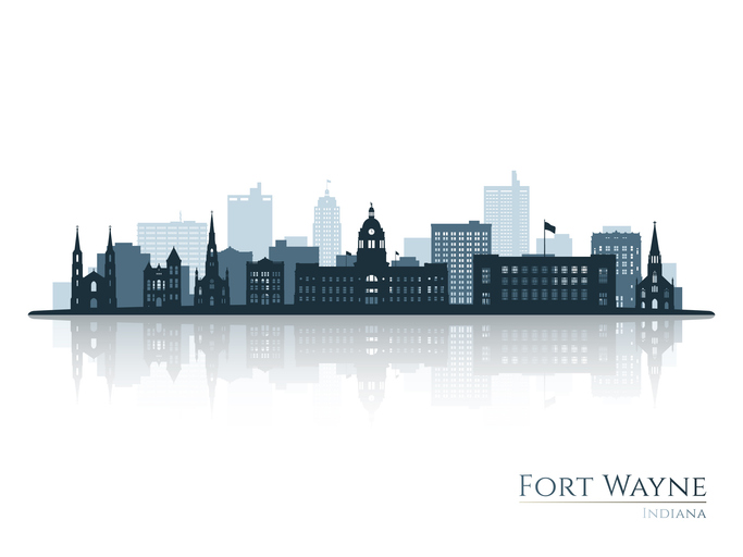 Fort Wayne skyline silhouette with reflection. Landscape Fort Wayne, Indiana. Vector illustration.