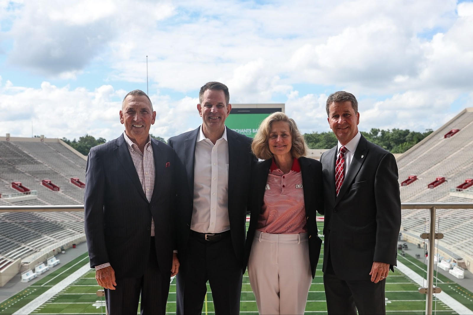 Michael F. Petrie (Merchants Bank Co-founder and Chairman), Curt Cignetti (IU Football Head Coach), Pamela Whitten (IU President), and Scott Dolson (VP and Director of Intercollegiate Athletics at IU)