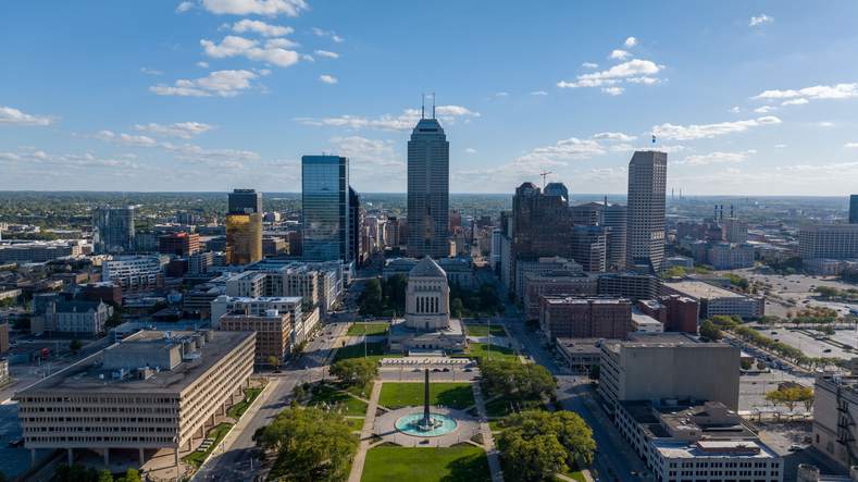 Beautiful Aerial Shot High Above Indiana World War Memorial Plaza on Summer Day