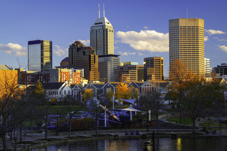 Indianapolis Downtown Skyline in Autumn: Cityscape with Landmark Buildings and Modern Architecture in Indiana