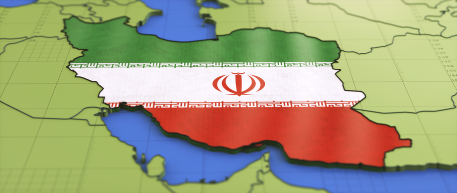 3D template map of Iran in national flag colors.