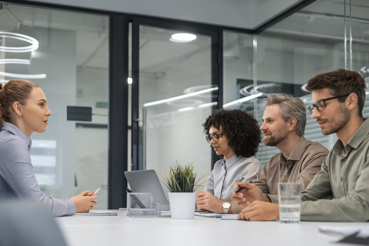 Job interview process is in office. Human resources, meeting and group of hiring candidates for vacancy