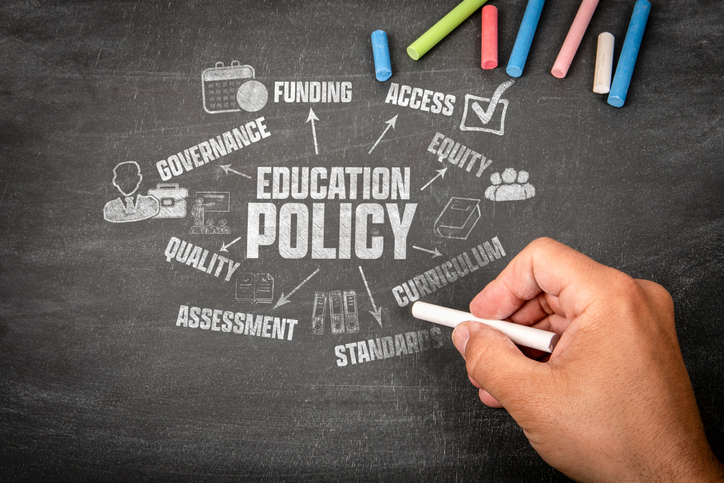 Education policy Concept. Illustration with Icons Keywords and Arrows