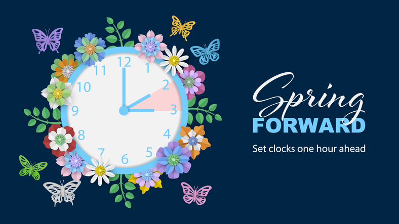 spring forward banner with paper clock with paper flowers and butterflies