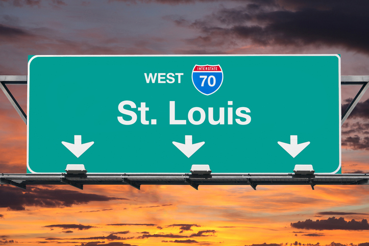 St Louis Interstate 70 West Highway Sign with Sunrise