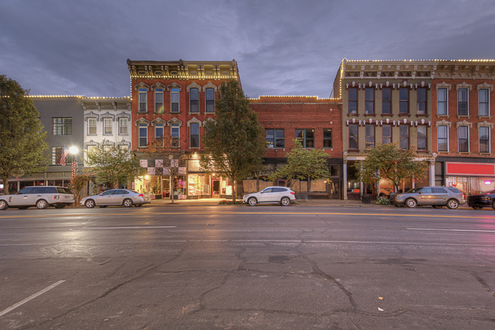 Facades on the 100 Block of East Main at Night Madison IN