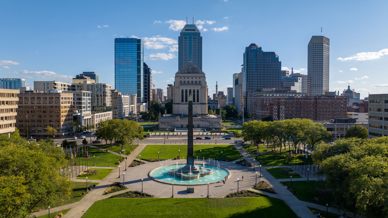 Aerial view of Obelisk Square in Indiana World War Memorial Plaza, Indianapolis, Indiana
