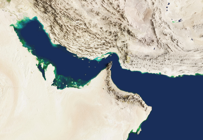 3D rendering of the Strait of Hormuz. Satellite view.