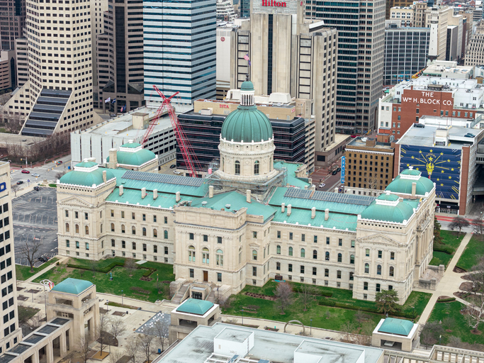 Aerial view of Indiana State Capitol building in Indianapolis