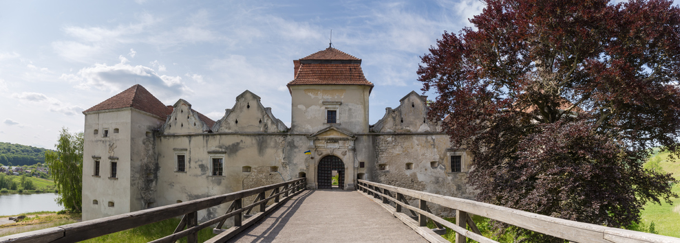Ancient castle from the main entrance in Svirzh village, Ukraine