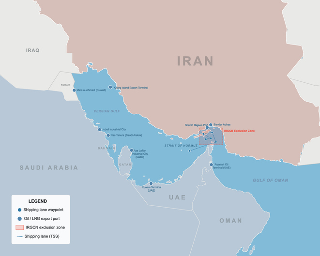 Strait of Hormuz blockade map. Persian Gulf oil shipping lanes, chokepoint zone, and major oil export terminals. Vector map illustration