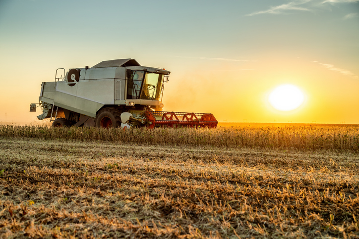 Combine harvester working in agricultural field at sunset