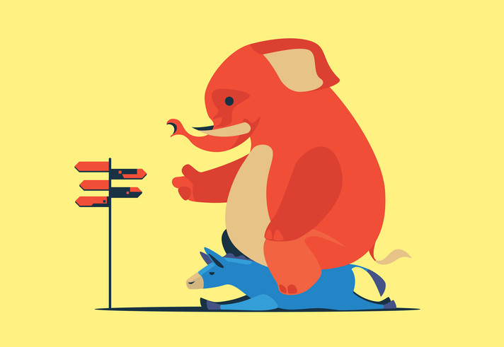 red elephant guiding blue donkey