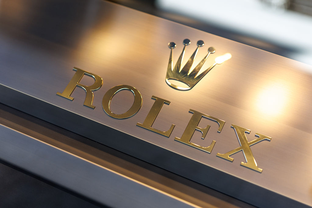 Brand logo of the luxury brand Rolex on a store
