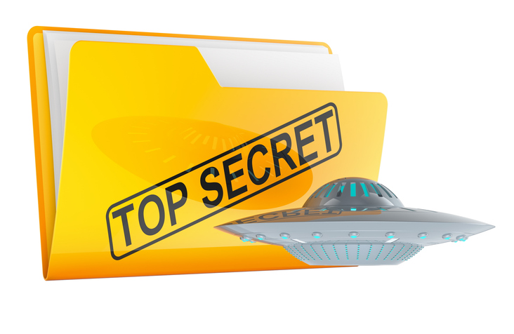 Yellow top secret folder with flying saucer, concept of classified UFO files and secret government documents, 3d rendering