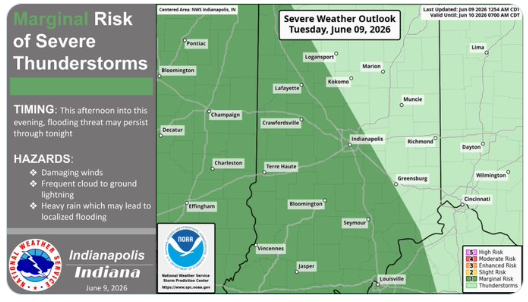 Severe weather outlook map showing marginal risk of thunderstorms across central Indiana on Tuesday, June 9, 2026. Indianapolis National Weather Service logo visible.