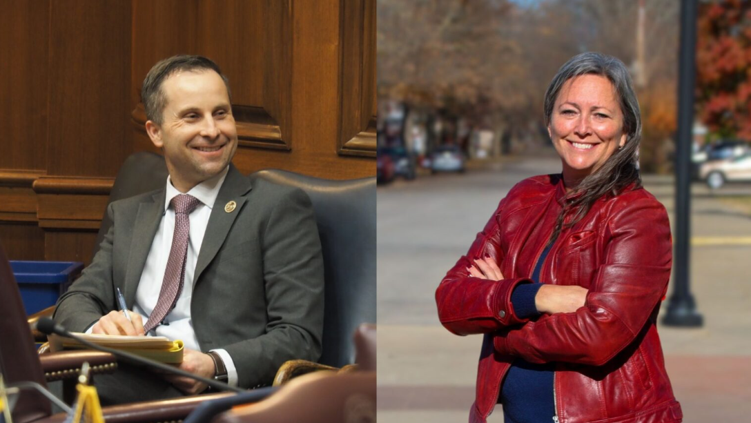 Two people smiling - a man in a suit sitting at a desk and a woman in a red jacket standing outdoors.
