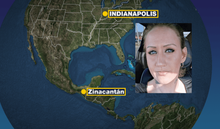 Map showing Indianapolis, Indiana and Zinacantán, with a portrait of a woman in the inset.