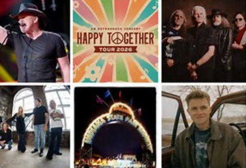 A concert stage with a "Happy Together Tour 2023" banner, a performer on stage, and a group of musicians on stage.