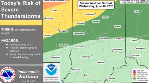 Severe weather outlook map for Indiana showing risk of thunderstorms this afternoon into tonight, with hazards including damaging winds, heavy rain, and lightning.