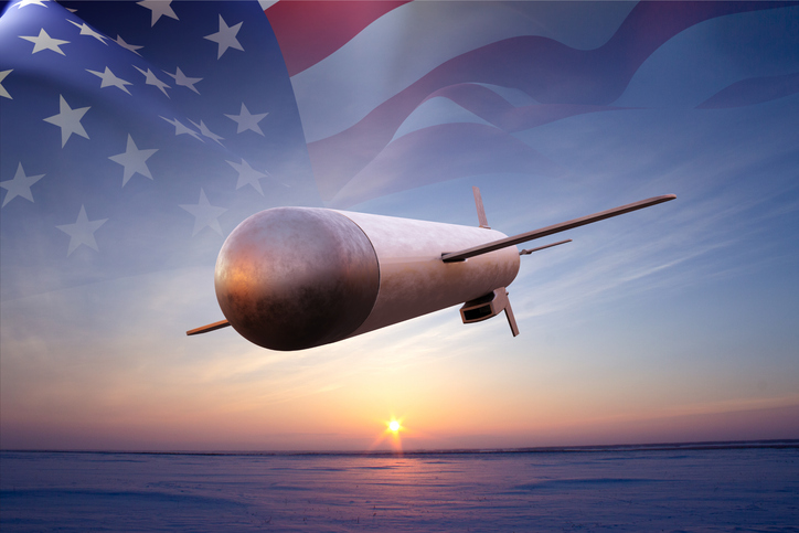 Tomahawk cruise missile flying towards the target