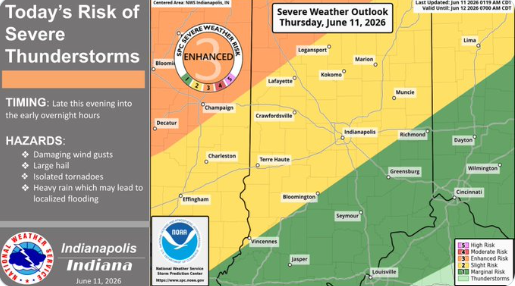 A weather map showing a severe thunderstorm risk for parts of Indiana, with hazards like damaging winds, isolated tornadoes, and heavy rain that may lead to localized flooding. The map includes city names and a legend.