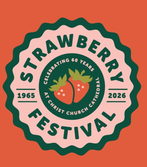 Strawberry Festival logo celebrating 60 years of the Christ Church Cathedral event, with a stylized strawberry graphic and text in a circular design.