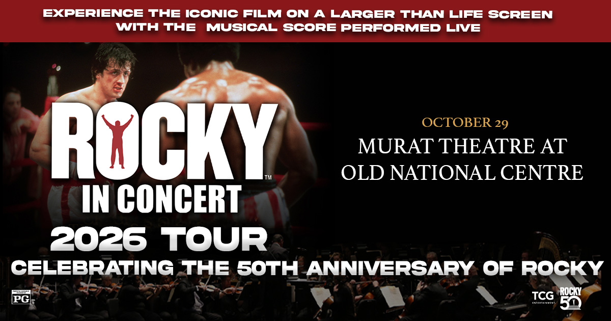 Poster for "Rocky in Concert 2026 Tour" celebrating the 50th anniversary of the iconic film, featuring a large image of a boxer and text about the live musical score performance.