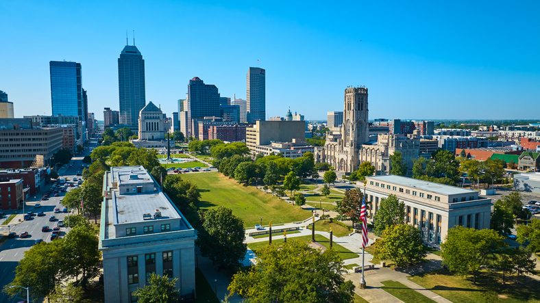 Aerial View of Indianapolis Skyline with Historic Cathedral and Park