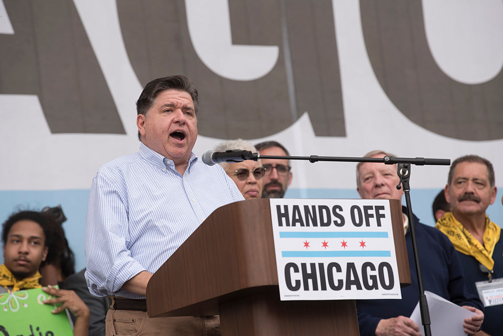 Illinois Governer JB Pritzker at the No Kings Rally in Downtown Chicago at the Petrillo Bandshell In Chicago, Ilinois