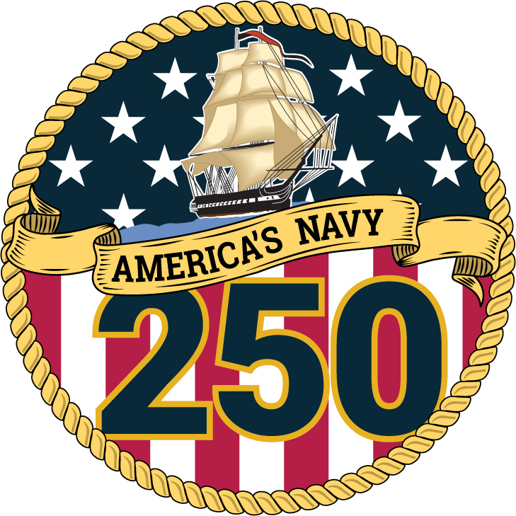 A circular emblem featuring a sailing ship, American flag, and text reading "AMERICA'S NAVY 250".
