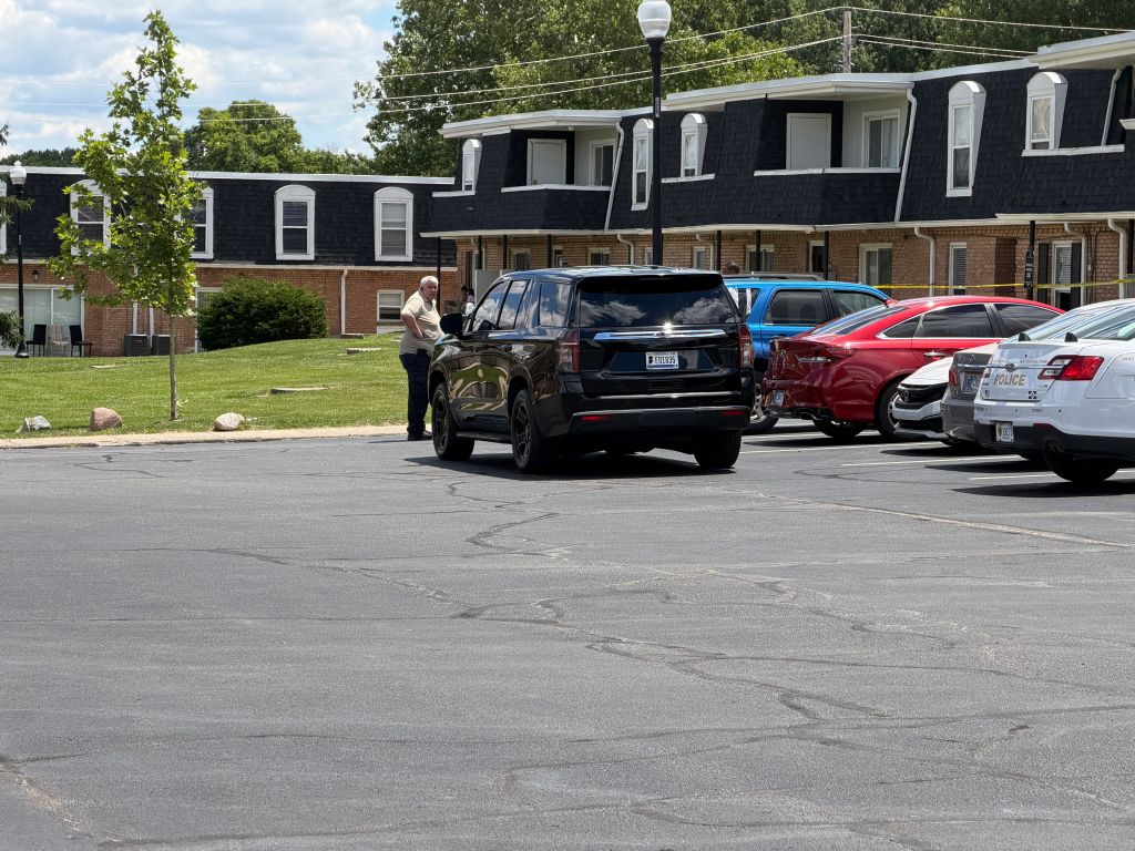 Current image: Parking lot with several vehicles, including a black SUV, a red sedan, and a police car. A person is standing near the black SUV.
