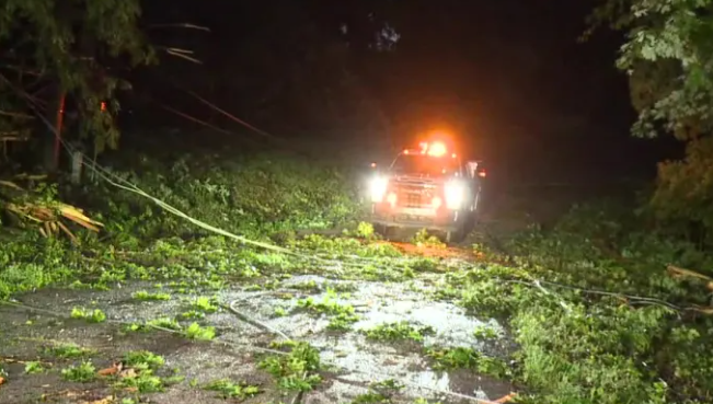 A utility truck with flashing lights clearing debris from a road at night, surrounded by fallen trees and power lines.