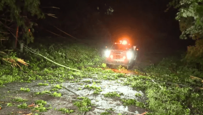 A utility truck with flashing lights clearing debris from a road at night, surrounded by fallen trees and power lines.